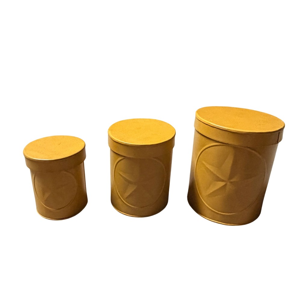 Vintage Mustard Yellow Metal Star Canister Set Rustic Farmhouse Nesting Tins 3pc